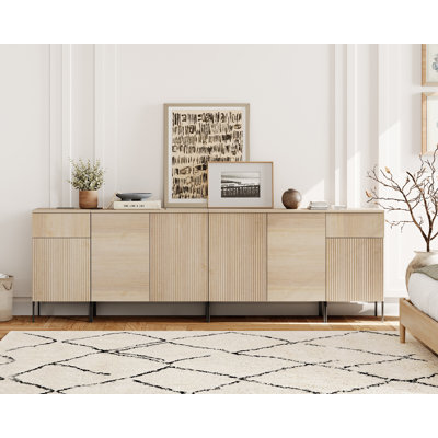 94.5" Modern Wood Reeded Drawer Dresser With Doors, Minimalist Dresser Organizer Storage Cabinet With Charging Station For Bedroom,Living Room, Entryway