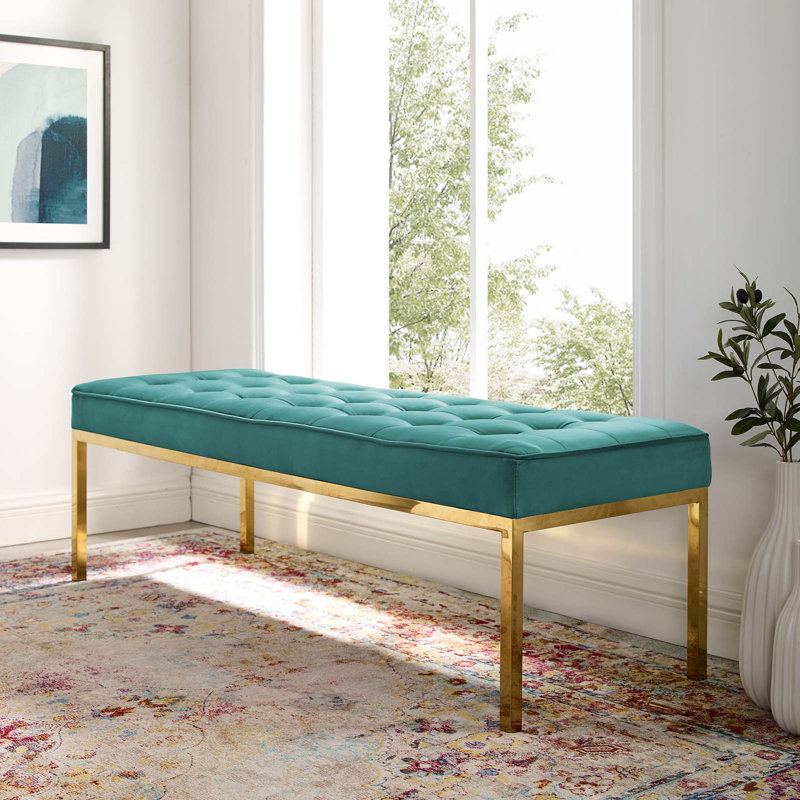 Banc en cuir capitonné Loft, Sarcelle / Doré, H 17,5 po x l 34 po x P 20 po