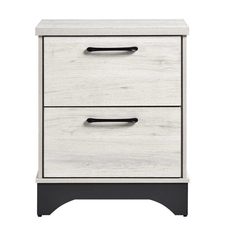 Armoire de chevet contemporaine avec 2 tiroirs au fini chêne blanc et gris, système de glissières à roulement facile, poignées de bar noires, table de chevet moderne à 2 tons avec glissières fluides et ton sur ton