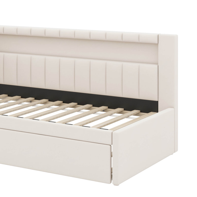 Lit plateforme simple tapissier avec ports USB, ceinture à DEL et lit gigogne, Blanc