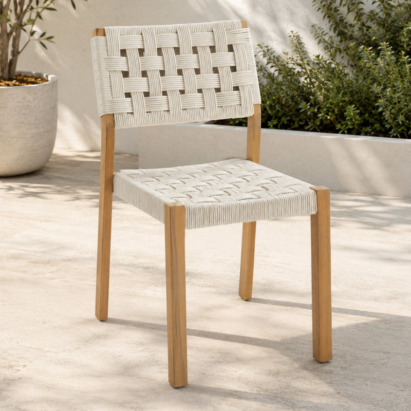 Chaises de salle à manger d'extérieur sans accoudoirs Looma, bois d'acacia avec assise et dossier en corde tissée à la main