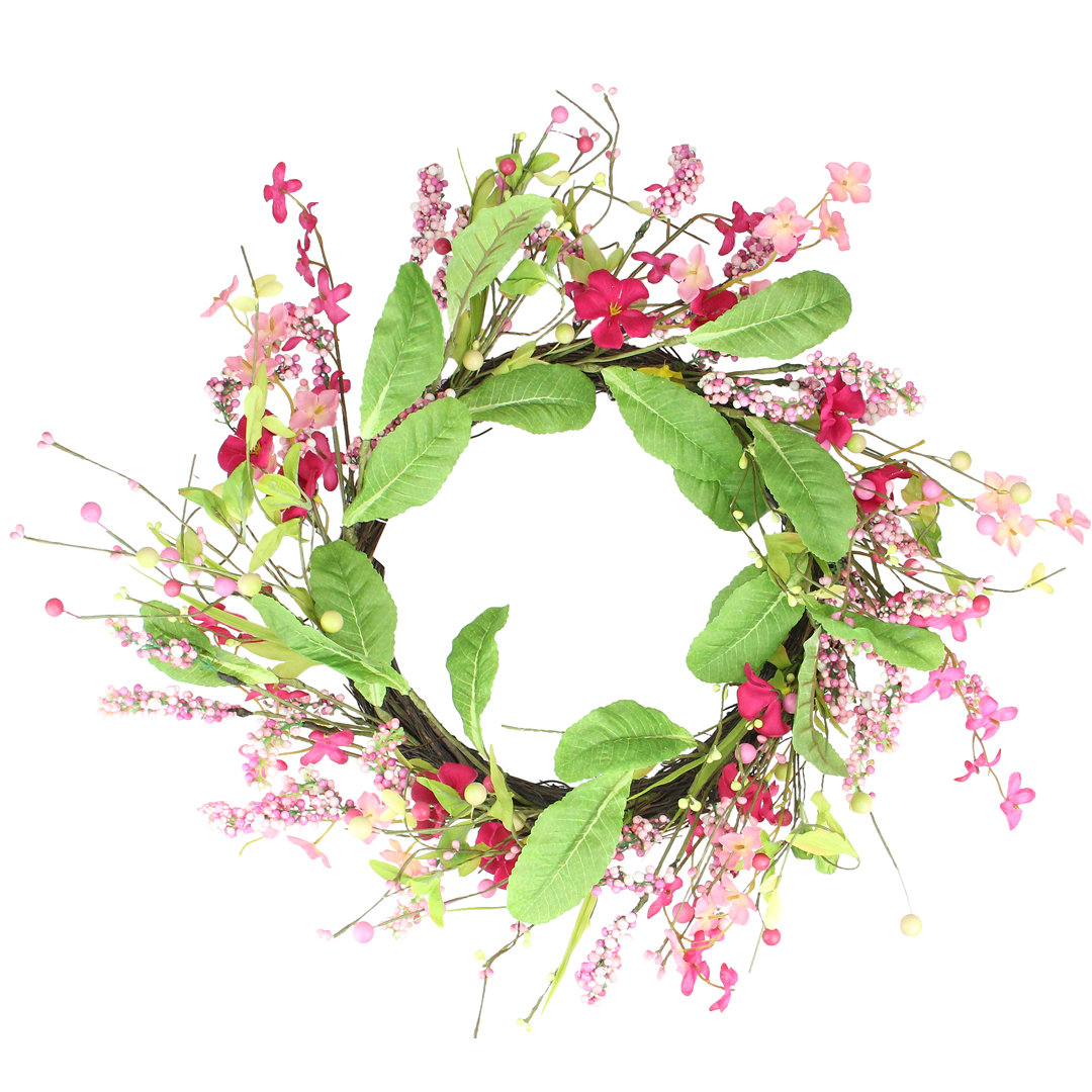 Geranium and Berry Artificial Spring Floral Wreath Pink - 18-Inch Primrue