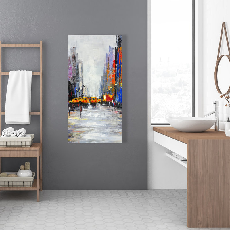 Art sur toile, rue colorée avec des taxis - bâtiment bleu