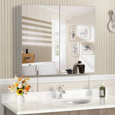 32'' X 28'' Bathroom Mirror Cabinet, Adjustable Storage, Aluminum Framework, Silent Opening, Rust - Silver Medicine Wall Mounted, Shelves, Large Capacity Compartments,