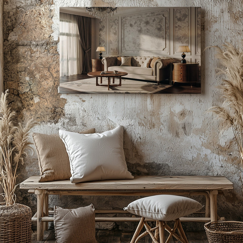 Toile d'un salon luxueux avec un canapé beige capitonné moelleux orné de coussins décoratifs positionnés au centre de la toile