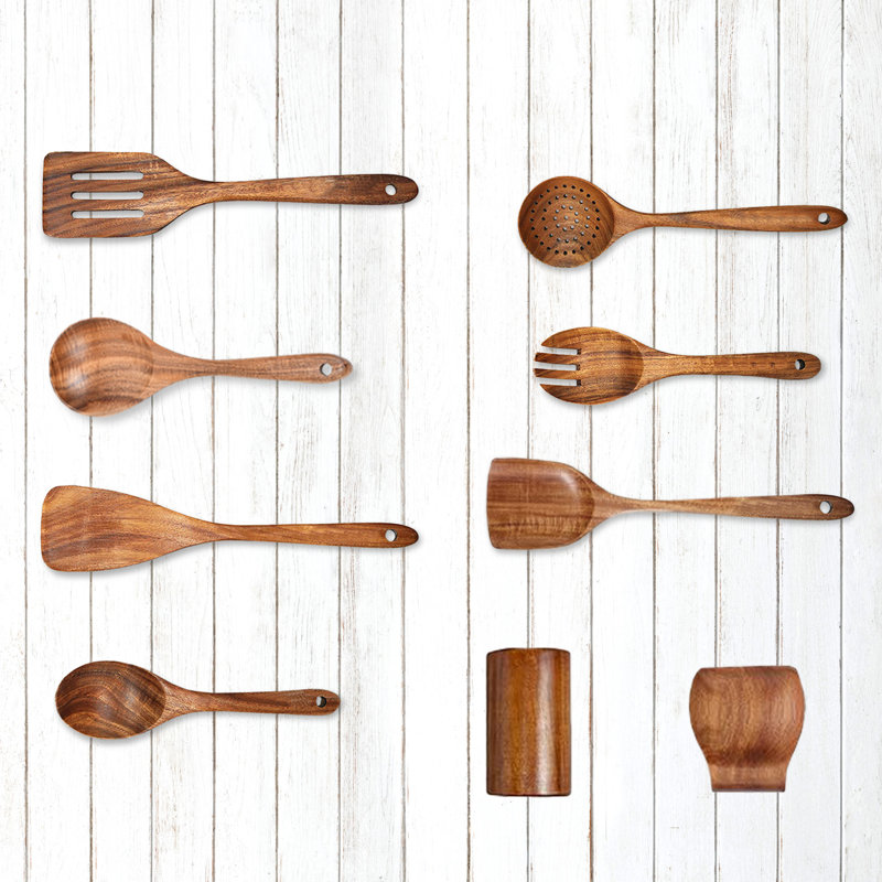 9 Piece Wooden Kitchen Utensils Set with Holder and Spoon Rest