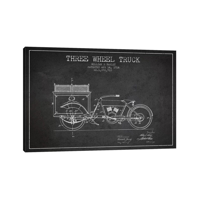 William S. Harley Three Wheel Truck Patent Sketch (Charcoal) by Aged Pixel - Wrapped Canvas Print