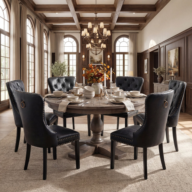 Modern Upholstered Faux Leather Dining Chairs Set Of 2 Mid Century Dining Room Chairs Tufted Ring Back Kitchen Dining Chairs Comfortable Side Chairs With Nail Head Trim