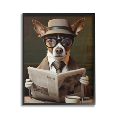 Classy Dog with Newspaper Framed Giclee Art by RB