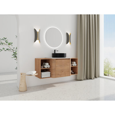 Meuble-lavabo de 48 po avec lavabo d'art en céramique, 2 tablettes de rangement, porte à fermeture en douceur, base en contreplaqué, style moderne, couleur chêne imitation, emballage en kd, dalle de pierre blanche, vasque durable, lisse