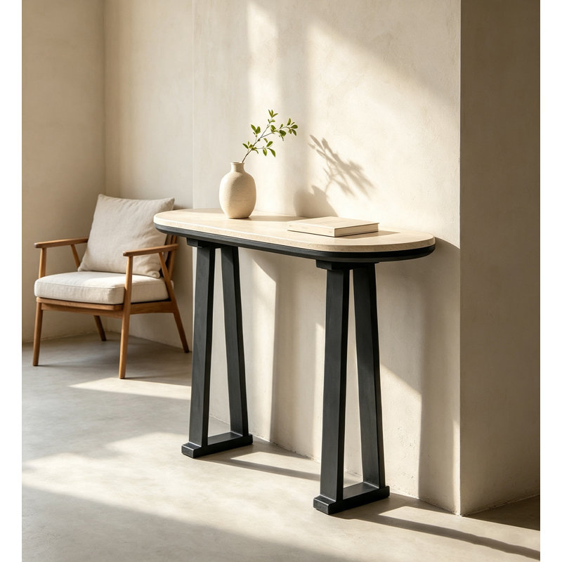 Table d'appoint décorative contemporaine en matériaux mixtes avec plateau en travertin pour l'entrée de la maison, Black