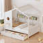 Lit en bois avec 2 tiroirs, une étagère de rangement et un toit, maison spacieuse blanche pour - dimensionnée, tiroirs pratiques-48797461