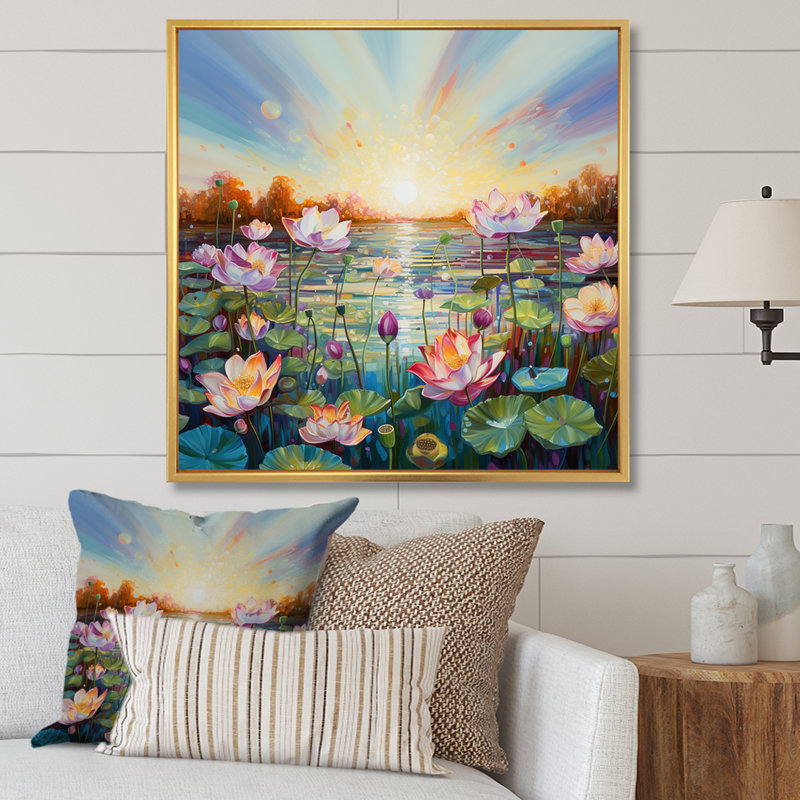«By the Lake Lotus», reproduction d'art liquide, Cadre flottant doré, H 36 po x l 36 po x P 1,5 po