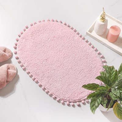 Yirddeo Bath Mat Oval Rug With Pom, Boho Rugs For Bedroom And Bathroom With Non Slip