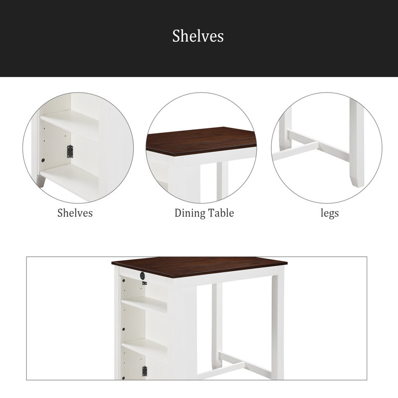 Table de salle à manger à hauteur de comptoir 36 po avec ports USB et tablettes, Brun, Blanc