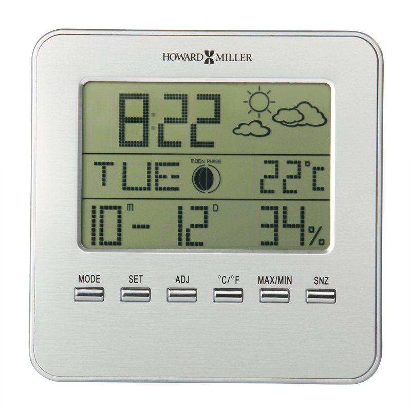 Weather View Modern & Contemporary Digital Alarm Tabletop Clock, LCD Display with Temperature, Humidity, and Moon Phase