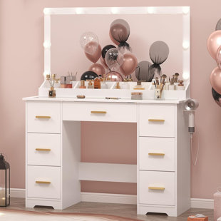 Meuble-lavabo Mid-Century moderne avec grand miroir, 9 lumières à DEL, plateau en verre et prise de courant, table de maquillage blanche avec 7 tiroirs et compartiment ouvert pour la chambre des filles