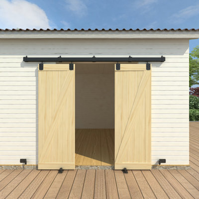Ensemble de quincaillerie de porte de grange à boîte noire 8 pi pour 2 portes, rail de porte de grange coulissant robuste, quincaillerie de porte de grange murale avec 5 supports de rail (portes non incluses)