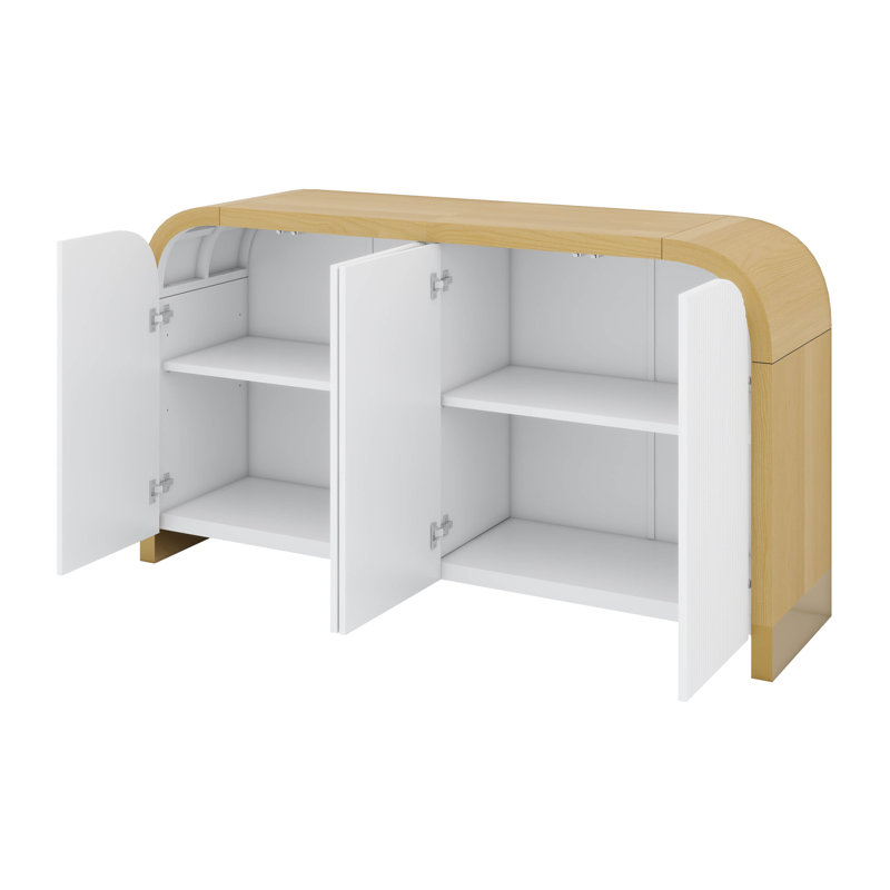 4-Door Curved Corner Modern Storage Cabinet With Wavy Wave-Textured Panels, Adjustable Shelves, White