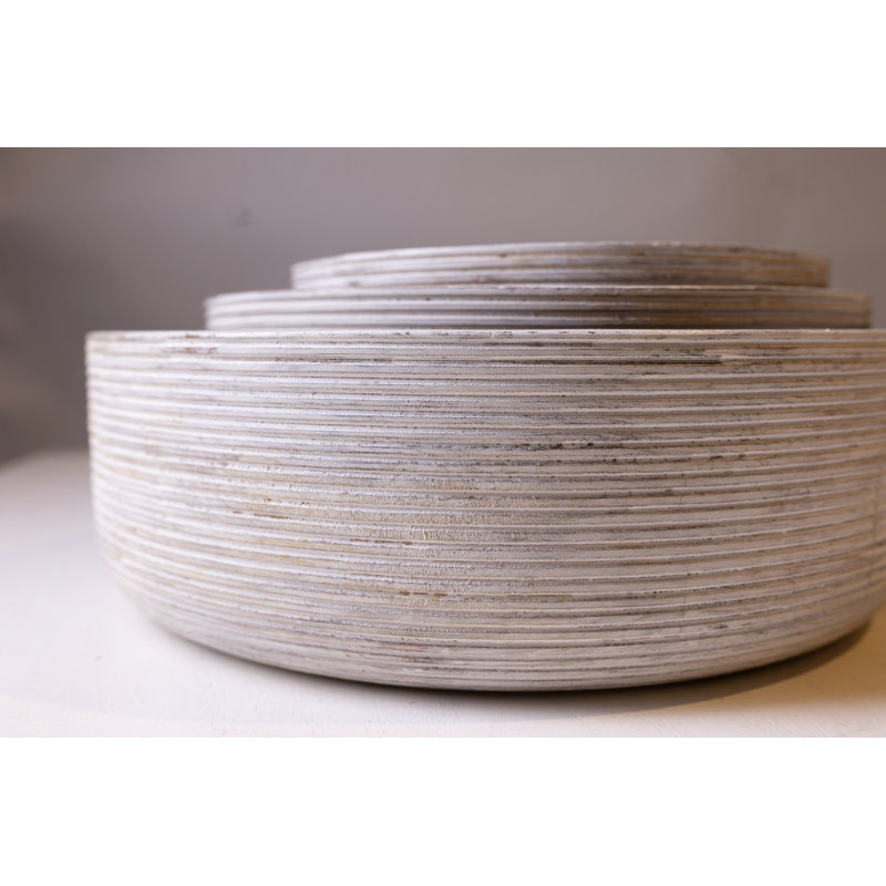 Set Of 3 Wooden Round Bowls With Ribs White & Natural Dia 12"