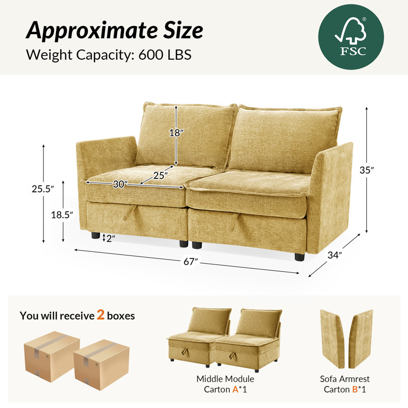 Cheltenham 67"W Modern Oversized Storage Loveseat Sofa, Caramel 