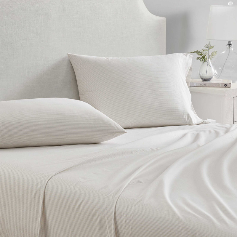 Martha Stewart Stripe Cotton Percale White Sheet Set, Queen Sheet Set with 2 Pillowcases, White Striped