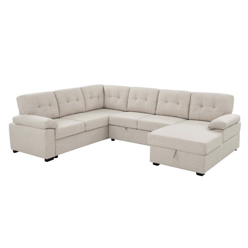 Upholstered U-Shaped Sectional Right Hand Facing, Almond Linen Blend