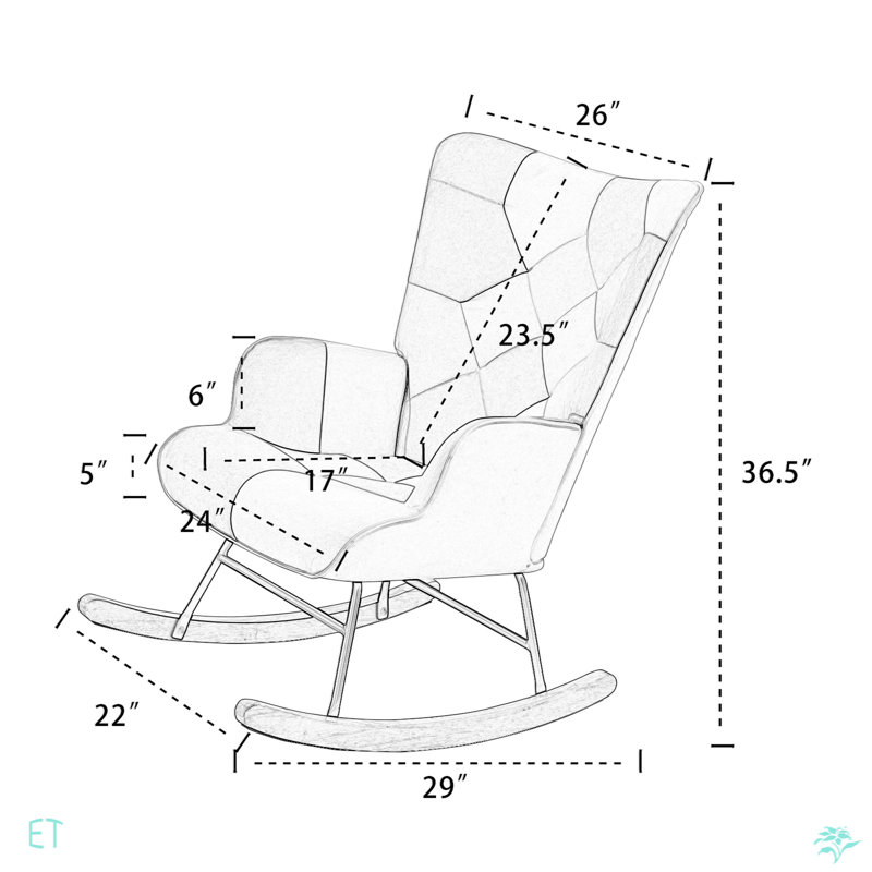 Chaise berçante d'appoint, chaise berçante en tissu Mid-Century avec pieds en bois et lin patchwork pour le salon