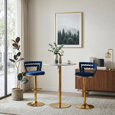 Modern Swivel Bar Stools, Upholstered Velvet Bar Chairs with Gold Metal Base, Set of 2
