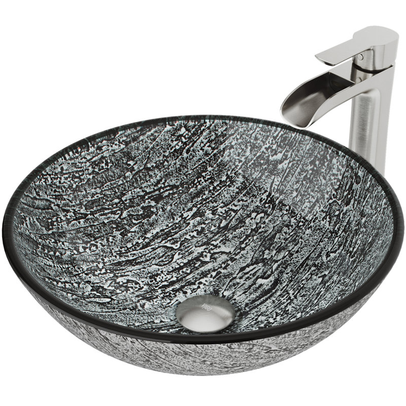 Giovanni Titanium 17" L x 17" W x 6" H Round Glass Vessel Bathroom Sink with 11" H Faucet, Brushed Nickel, Slate Grey