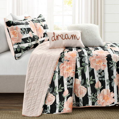 Amara Black/Dusty Rose Microfiber Reversible Quilt Set