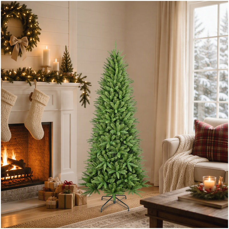 6FT Slim Christmas Tree – 850 Tips, PE+PVC Branches, Hinged Design for Easy Setup, Stable Metal Stand – Ideal for Corners & Small Spaces