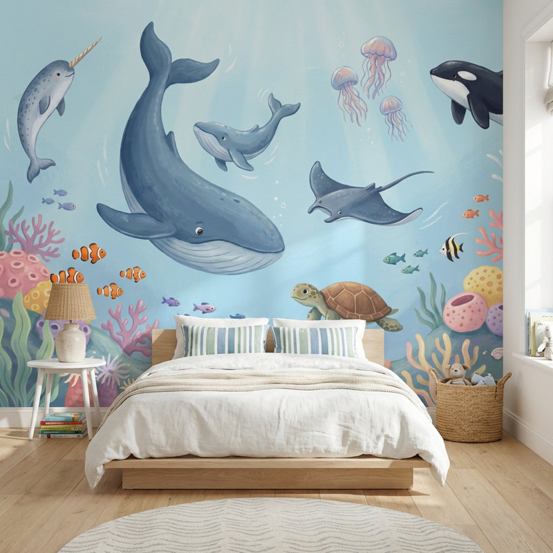 Murale de baleines sous l'eau, 120" x 96", Peler et coller