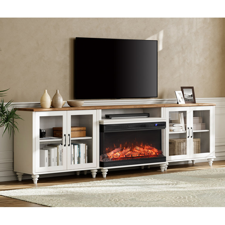 TV Stand With 36" Electric Fireplace For Tvs Up To 100'', Home Entertainment Center With 4 Glass Doors For 75/80/85/90 Inch TV