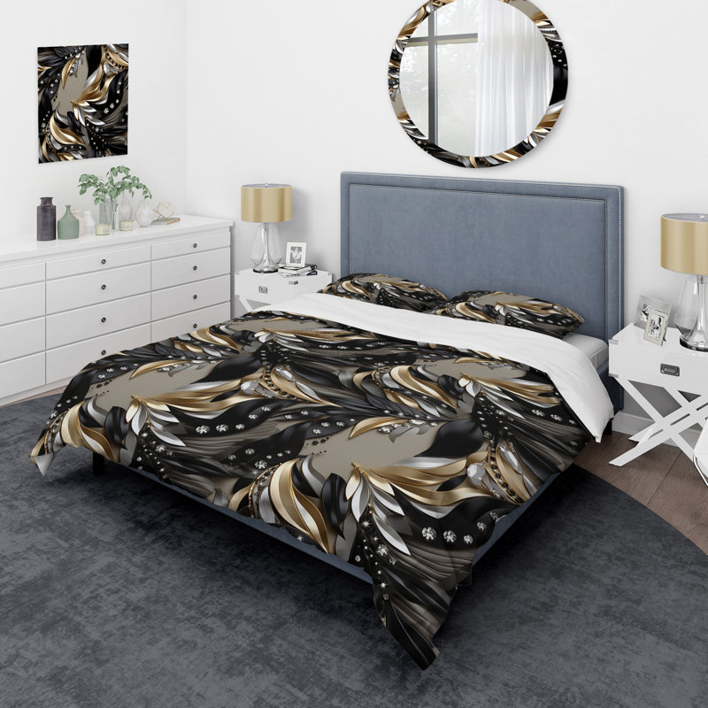 Ensemble de housse de couette Deep Black and Gold Elegance I, Housse de couette pour très grand lit et 2 très