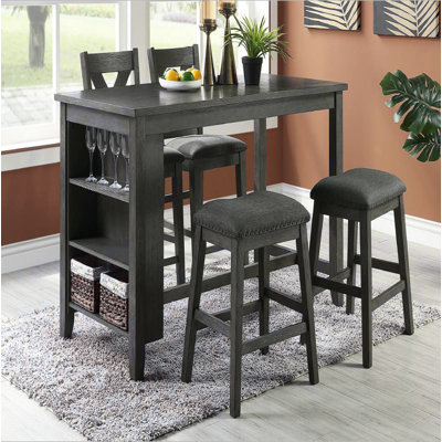 Modern Gray Finish 5pc Counter Height High Dining Table w Storage Shelves High Chairs And Stools Wooden Kitchen Breakfast Table Dining Room Furniture