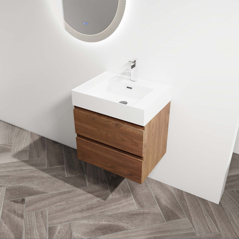 Meuble-lavabo mural avec lavabo en résine, Brun, 24"