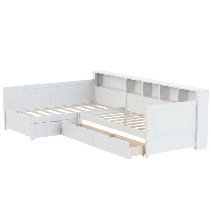 Lit plateforme simple avec cadre et bibliothèque White Pine, Blanc
