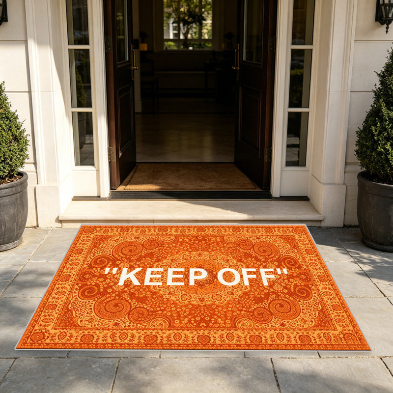Orange "KEEP OFF" Persian Style carpet-easy to clean, machine-washable, soft and comfortable; suitable for door mats, kitchens, living rooms, bedrooms, corridors, and laundry areas. Easy to clean, durable carpet for home decoration.