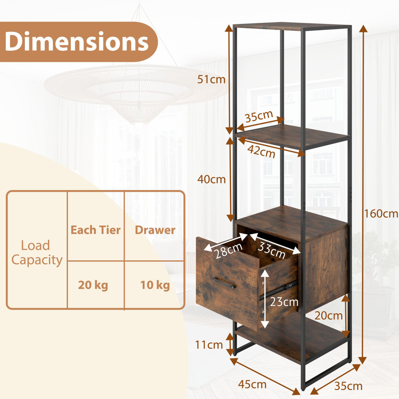 160cm H x 45cm W Metal Bookcase, Brown
