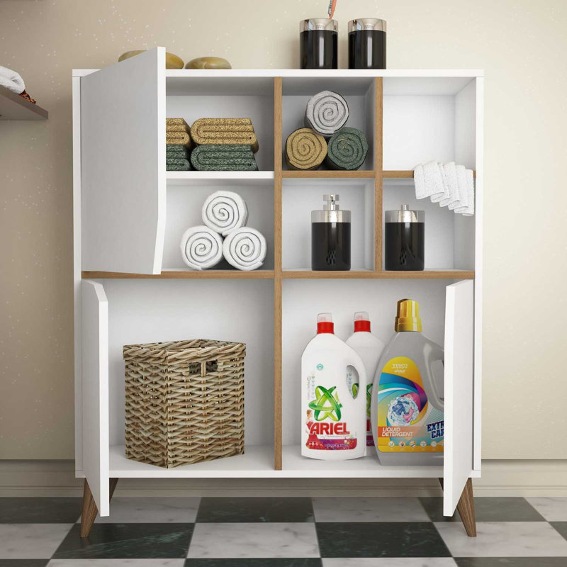 Modern Multi-Purpose Cabinet, White & Walnut, 39.4 x 45.3 x 11.8 inches | 100% Melamine Coated Particle Board, Thickness: 0.7 inches | Numerous Shelves, Wall-Mountable, Scandinavian Design, Perfect for Home & Office Storage