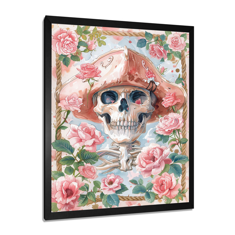 Décoration de crâne de pirate rose et vert Blooms IV - Bord de mer, Toile encadrée noire simple, H 24 po x l 32 po x P 1 po