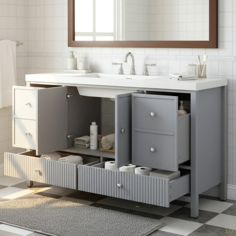 Meuble-lavabo 60 po avec lavabo séparé, grand meuble-lavabo moderne avec portes à fermeture douce et 4 tiroirs, Bleu gris