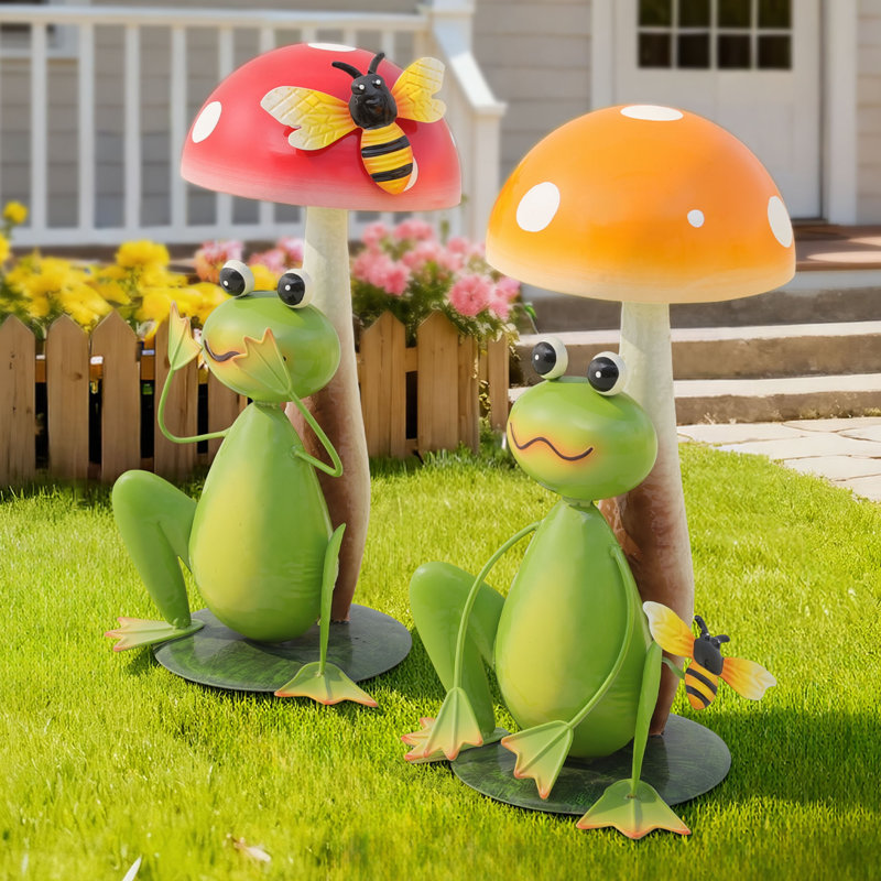 Ensemble de 2 sculptures grenouille et champignon en métal 15,3 po faites à la main, vert éclatant dégradé (ensemble de 2)