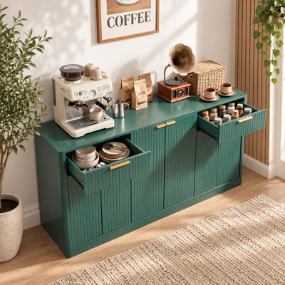 67.34" Fluted Buffet Sideboard, Modern Storage Cabinet with 6 Doors & 2 Drawers, Large Credenza for Dining Room, Living Room, Entryway, Dark Green