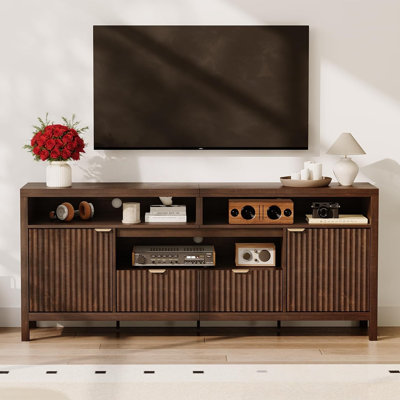 Meuble télé cannelé pour téléviseur de 65/75 po de style Mid-Century avec 2 armoires et console de rangement pour le salon et la chambre à coucher