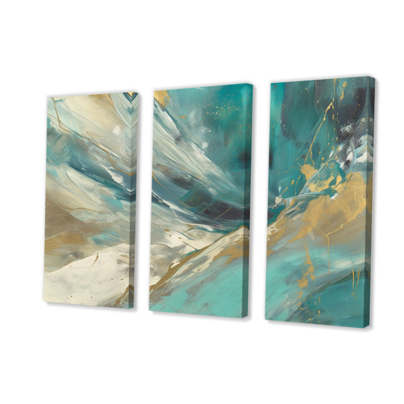 Turquoise Serendipity, peinture abstraite 3 pièces, H 28 po x l 36 po x P 1 po