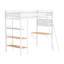 Lit simple blanc mat avec mezzanine et poste de travail à 3 tablettes, structure en métal, placage d'aspect bois, panneaux de maillage de taille non requise, sommier tapissier, design