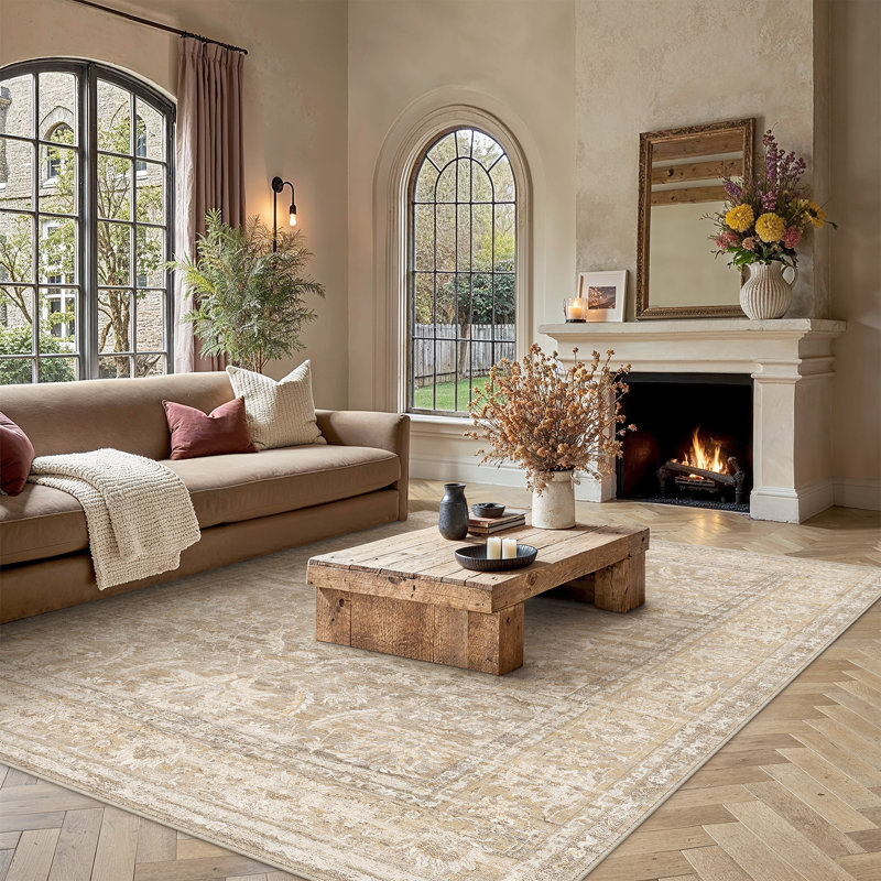 Quinn Vintage Washable Area Rug With Non-Slip Backing, Light Brown, Rectangle 9' x 12'