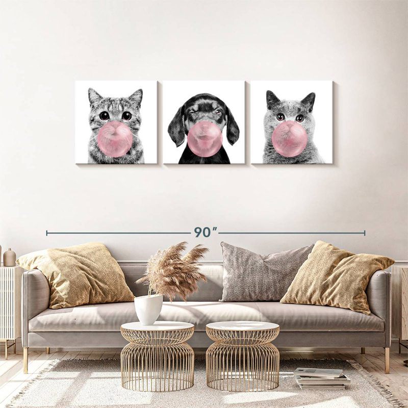 «Funny Animal Bubble Gum», ensemble de 3 reproductions sur toile 3 pièces, H 24 po x l 74 po x P 1,25 po
